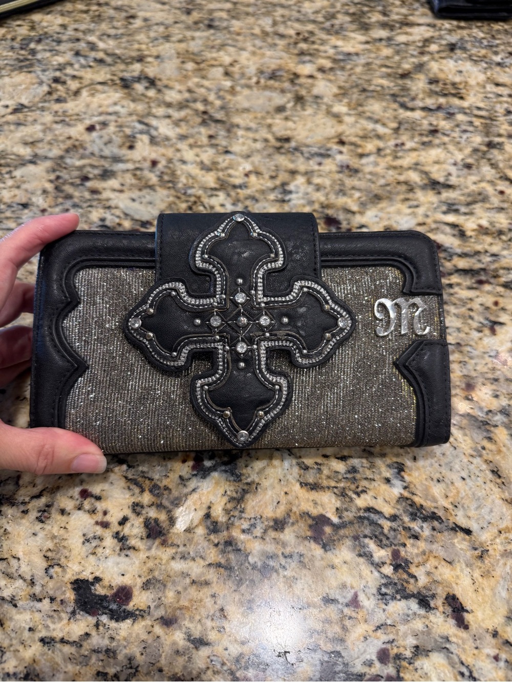 Miss Me Black Trim Silver Sparkle Cross Wallet